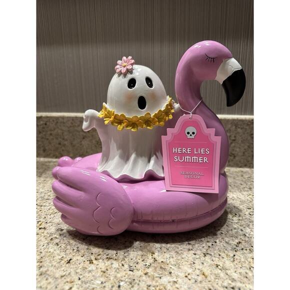 Here Lies Summer Ghost Flamingo Pool Float Halloween SUMMERWEEN Spooky Decor - Picture 1 of 3